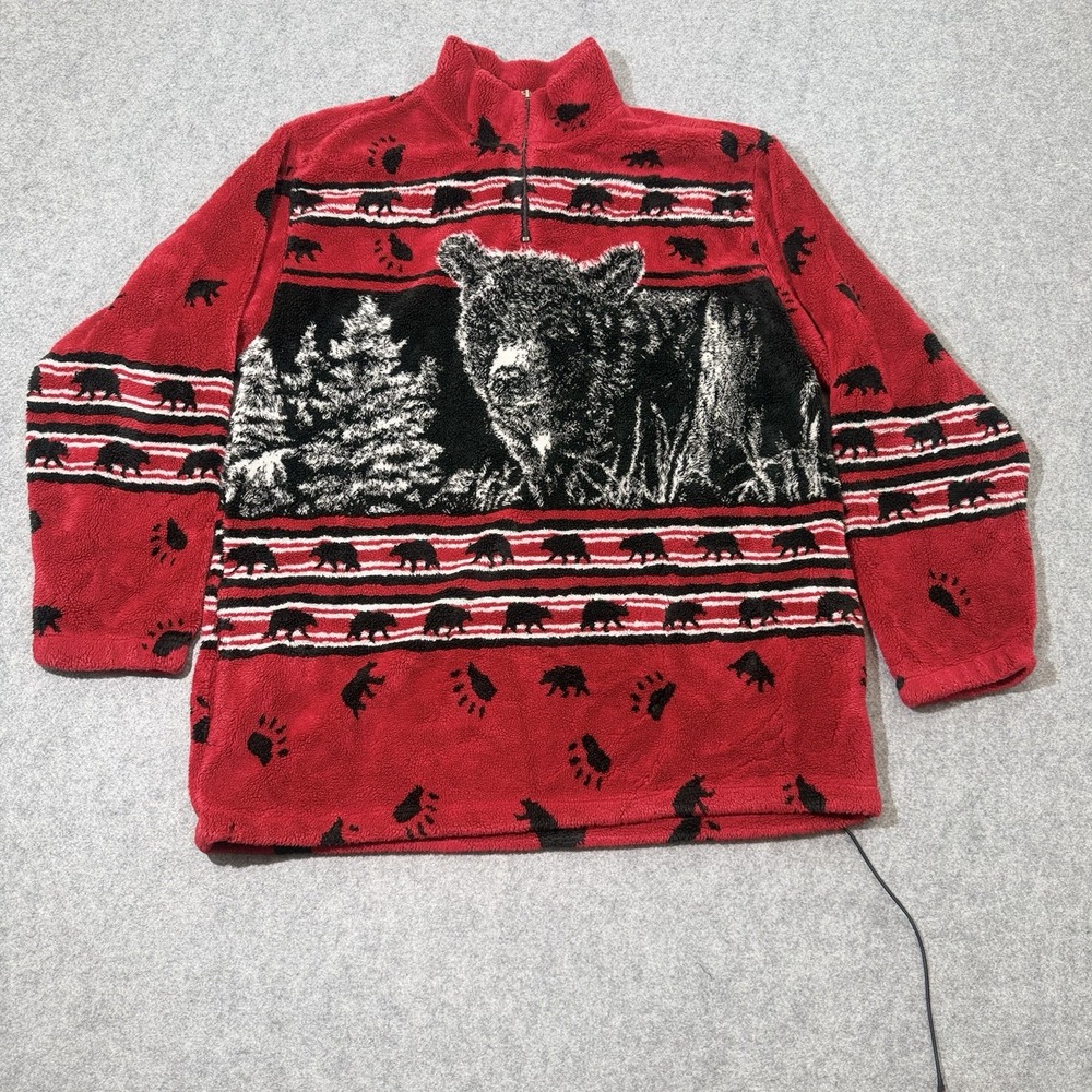 Fred Harvey Trading Company Men's Red Black Bear Fleece Pullover L Vintage